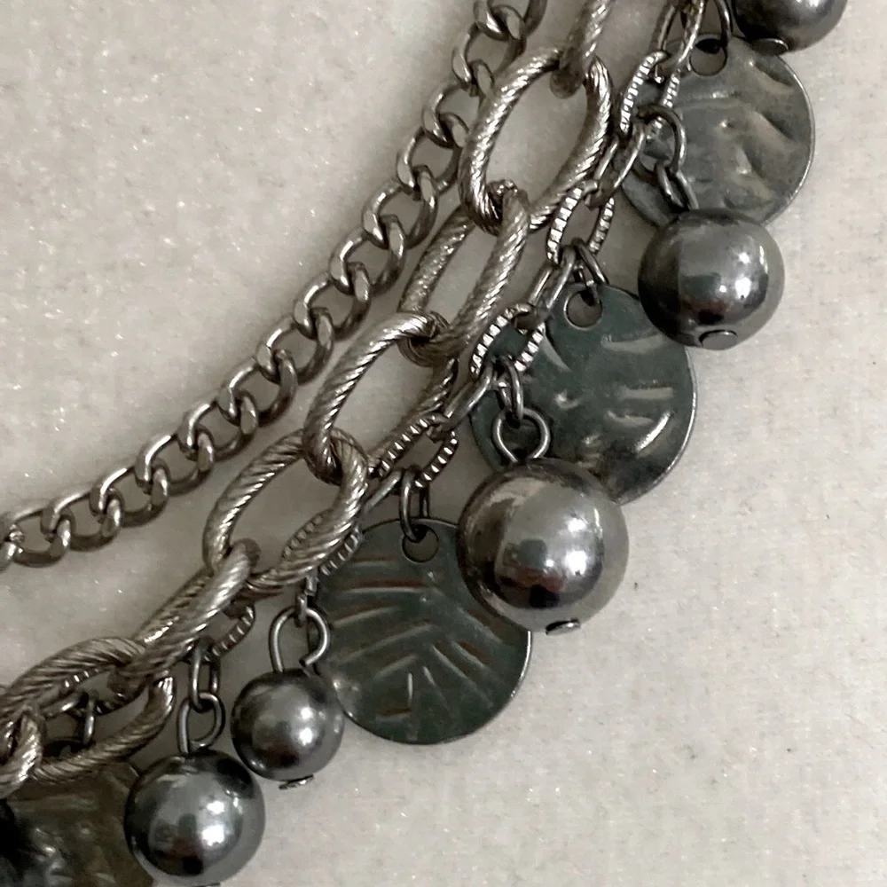 Silver Rocker Rebel Edgy Layered Bead Discs Coins Textured Chain Necklace